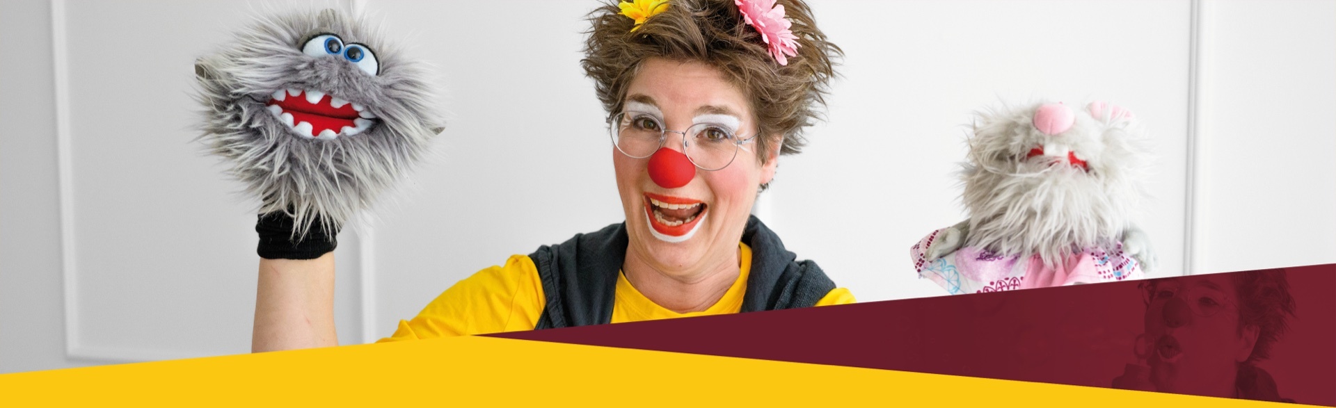 Clown Zita mit den Handpuppen Kuno dem Kuschelhai und Rosali Rattina